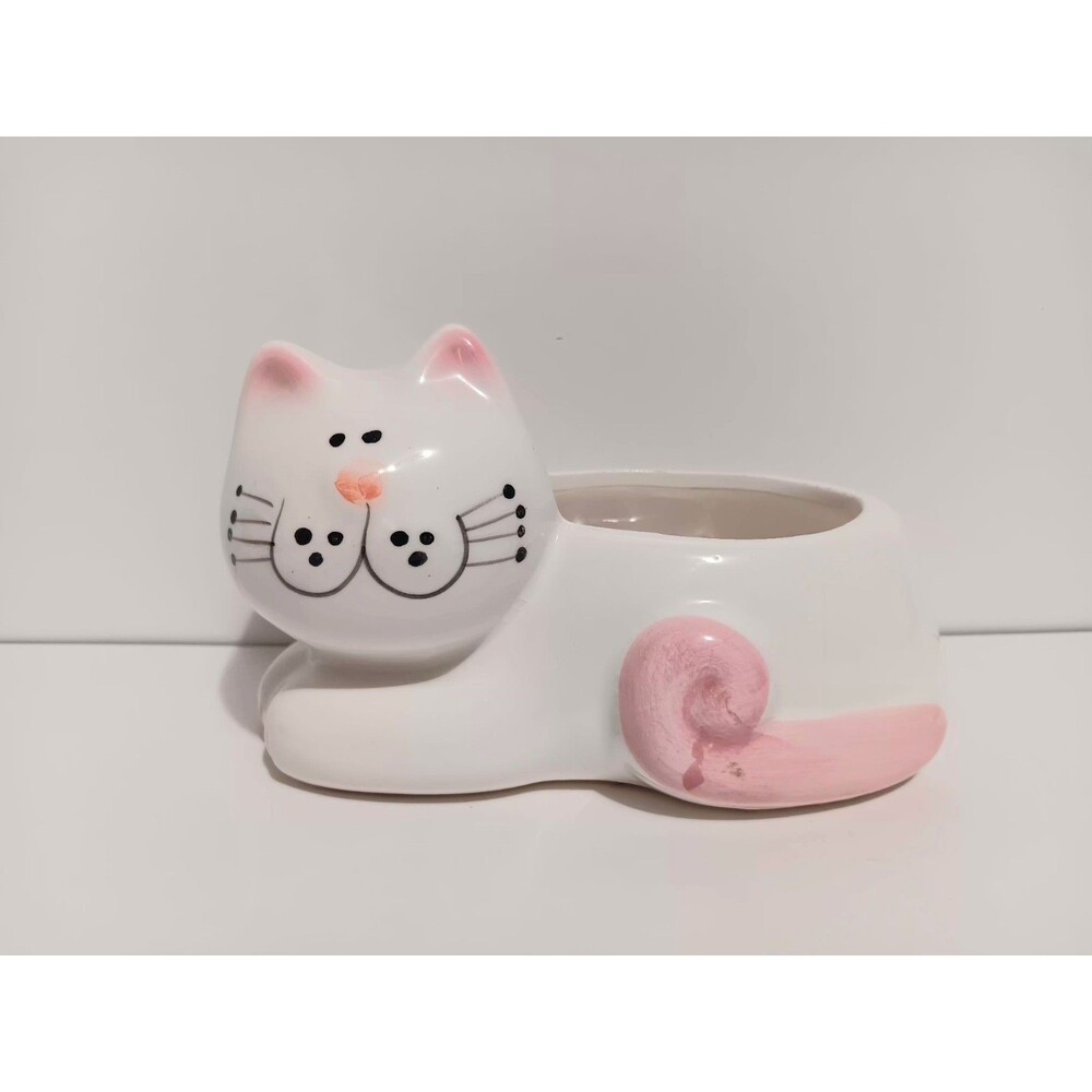 Cozy Cat Pottery Planter White Pink Figurines Decor 3"×5"